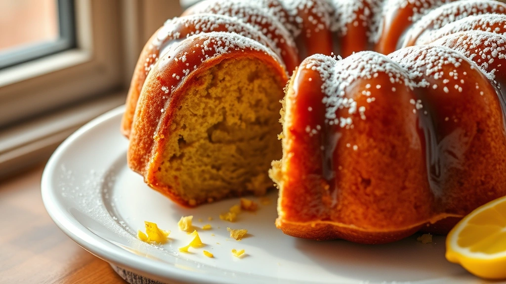 hero: golden brown bundt rum cake with glossy glaze, dusted with powdered sugar, slice partially removed showing moist crumb, warm natural window light, styled on white plate with fresh lemon zest nearby, no text