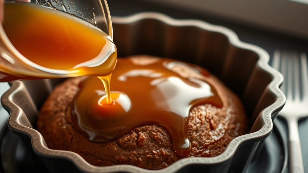 process: pouring warm rum glaze over warm cake in bundt pan with skewer nearby, close-up of glaze soaking into cake, golden light, no text