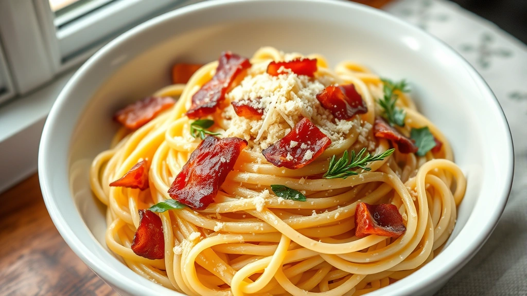 hero: creamy bacon pasta fettuccine in white bowl with crispy bacon pieces, fresh herbs, and grated cheese on top, photorealistic, natural window light, elegant presentation, no text