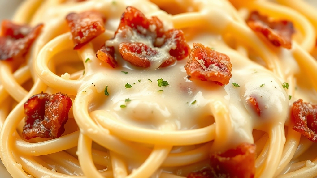 detail: close-up of silky cream sauce coating fresh pasta strands with crispy bacon pieces and melted cheese, photorealistic, macro photography, natural light, no text