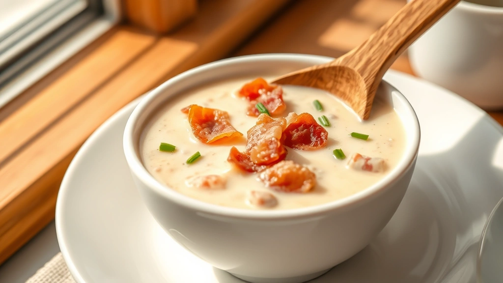 hero: creamy bacon gravy in white bowl, golden brown bacon pieces visible, fresh chives garnish, wooden spoon, warm natural window light, soft shadows, inviting breakfast setting