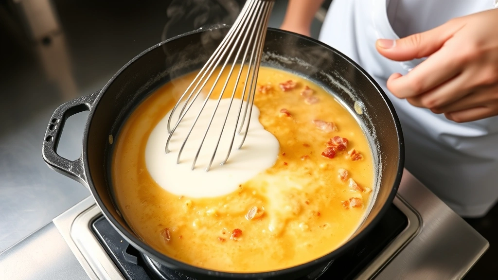 process: whisking milk into golden roux in cast iron skillet, bacon fat sizzling, steam rising, chef's hands visible, bright natural light from above, professional kitchen counter