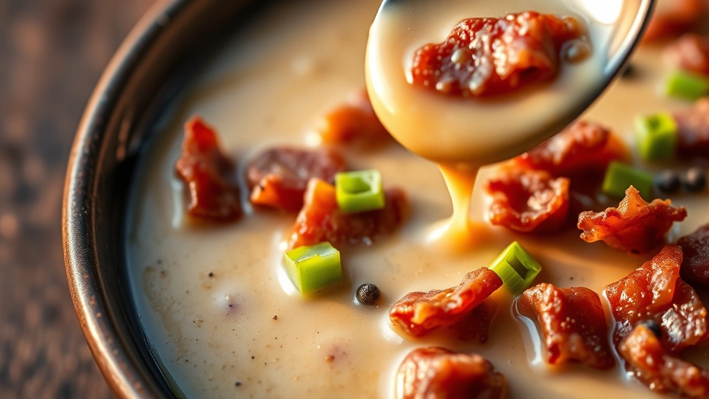 detail: close-up of rich creamy gravy with crispy bacon pieces, fresh black pepper and green onions, spoon drizzling gravy, shallow depth of field, warm golden lighting, food styling detail
