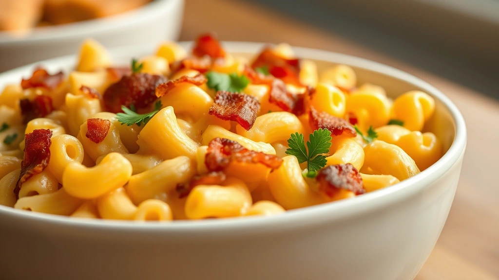 hero: creamy bacon mac and cheese in a white bowl, close-up view showing melted cheese sauce coating elbow noodles, crispy bacon pieces scattered throughout, fresh parsley garnish, soft natural window lighting, warm golden tones, professional food photography style