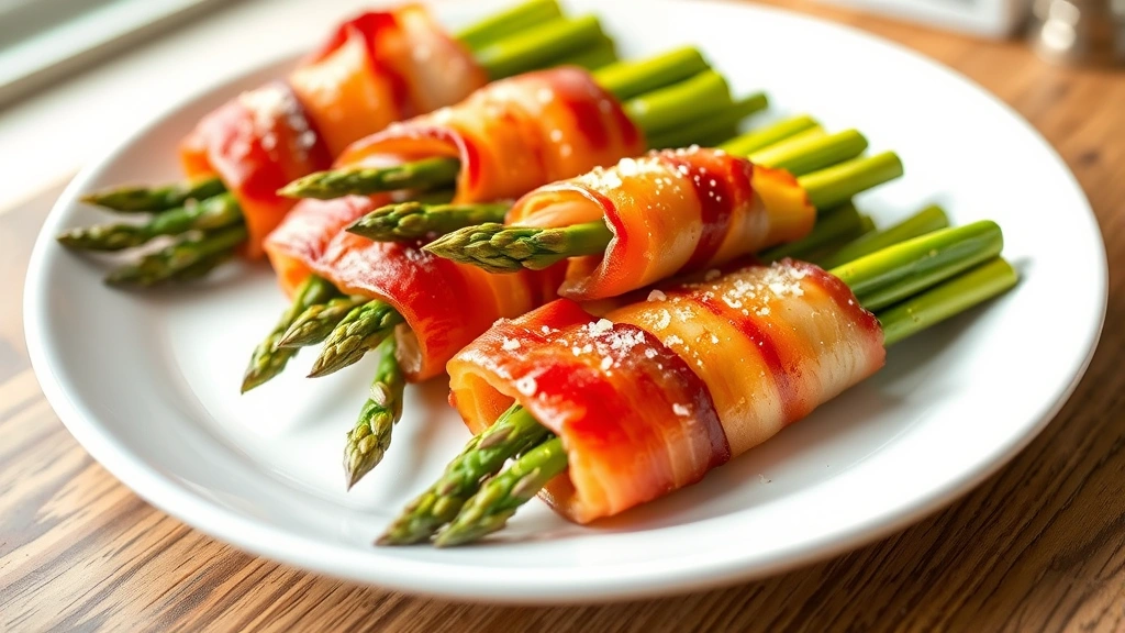 hero: perfectly roasted bacon wrapped asparagus bundles on a white plate, golden crispy bacon, vibrant green asparagus tips visible, garnished with fleur de sel, natural morning light from window, shallow depth of field, food photography style