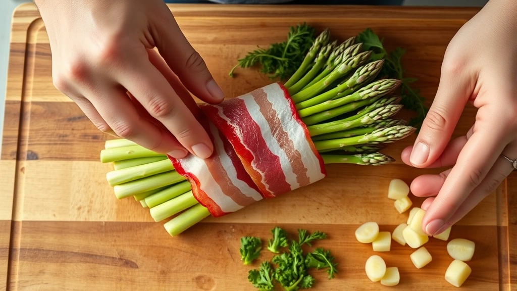 process: hands wrapping raw asparagus bundle with bacon strip, close-up action shot, fresh ingredients visible on wooden cutting board, natural kitchen light, overhead angle