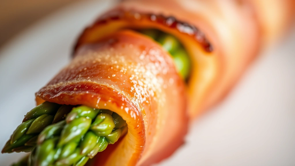 detail: extreme close-up of crispy bacon wrapped around tender asparagus spear, caramelized edges, glistening with bacon fat, fresh cracked pepper visible, macro photography, warm natural light