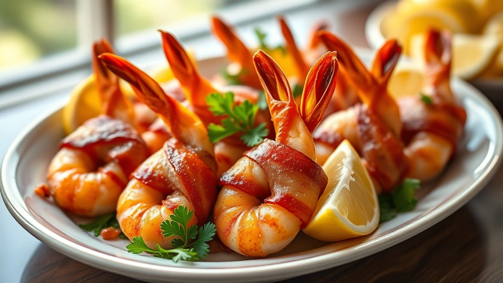 hero: platter of glistening bacon-wrapped shrimp with lemon wedges and fresh parsley garnish, golden bacon glistening under natural window light, shallow depth of field, elegant presentation