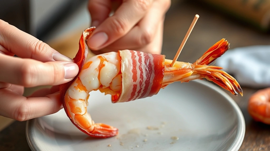process: hands wrapping bacon around large shrimp and inserting toothpick, natural daylight illumination, close working angle, showing technique clearly