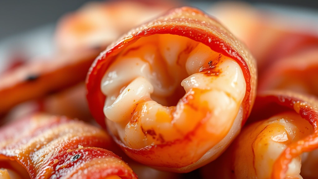 detail: close-up macro shot of cooked bacon-wrapped shrimp showing crispy bacon texture and pink shrimp interior, natural soft light, shallow focus highlighting the golden-brown bacon