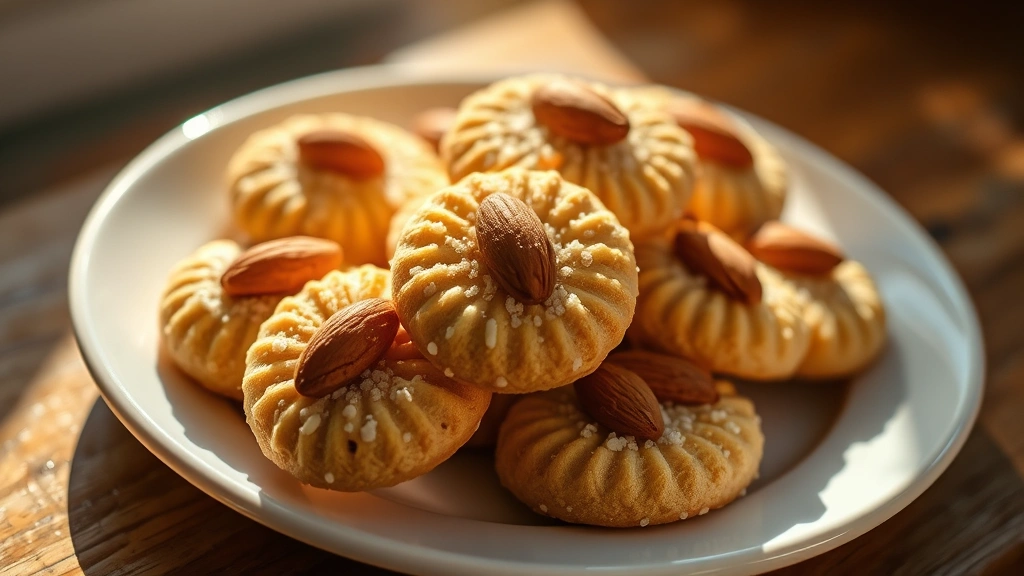 hero: golden badam almond cookies with whole almonds on top arranged on white plate, warm afternoon light streaming across, shallow depth of field, soft shadows, no text