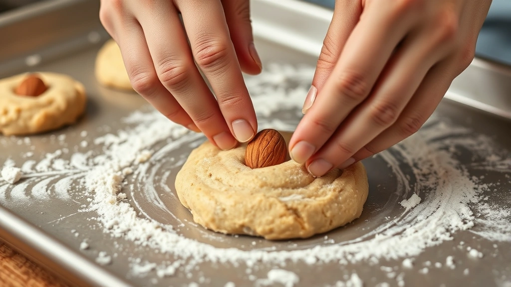 process: hands pressing whole almond into center of cookie dough on baking sheet, natural kitchen light, close-up angle, flour dust visible, no text