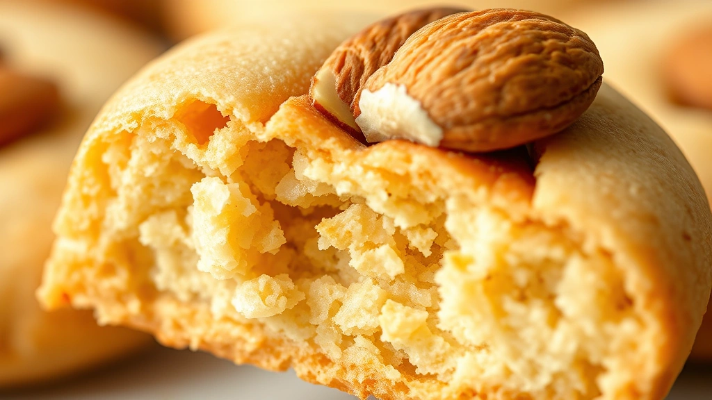 detail: cross-section of badam cookie showing tender crumbly almond interior texture, whole almond visible on top, macro photography, soft natural light, no text