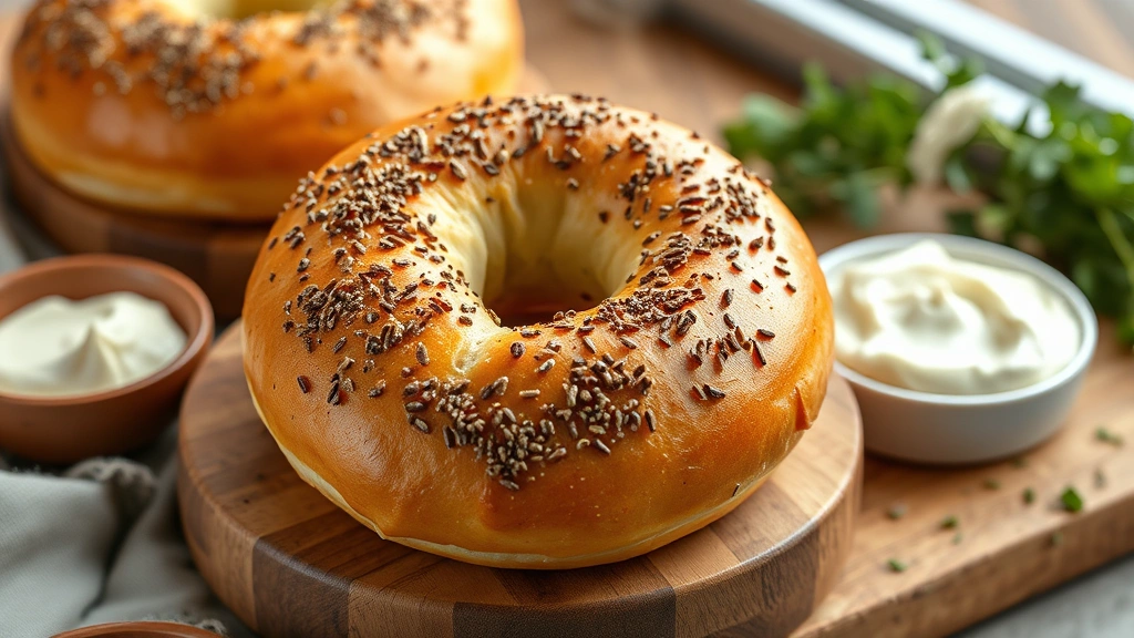 hero: freshly baked golden brown bagels with everything seasoning, steam rising, placed on a wooden surface with cream cheese and fresh herbs nearby, photorealistic, natural morning light, no text