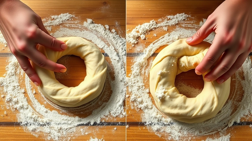 process: hands shaping bagel dough into rings, showing the hole-poking technique, flour dusted surface, photorealistic, warm kitchen lighting, no text