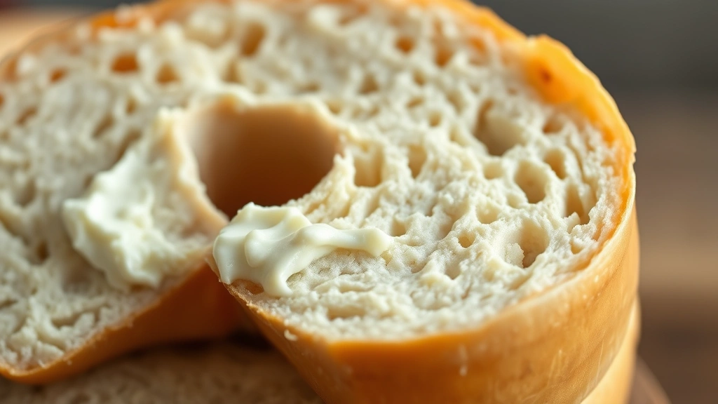 detail: close-up cross-section of a sliced bagel showing the chewy interior and golden crust, with cream cheese spread visible, photorealistic, natural light, no text