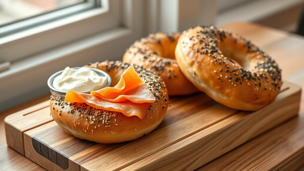 hero: freshly baked golden bagels with everything seasoning on a wooden board with cream cheese and lox, photorealistic, natural window light, no text