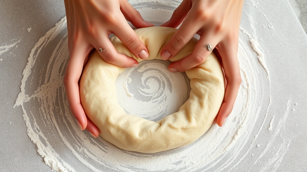 process: hands stretching bagel dough into ring shape on floured surface, photorealistic, natural light, no text