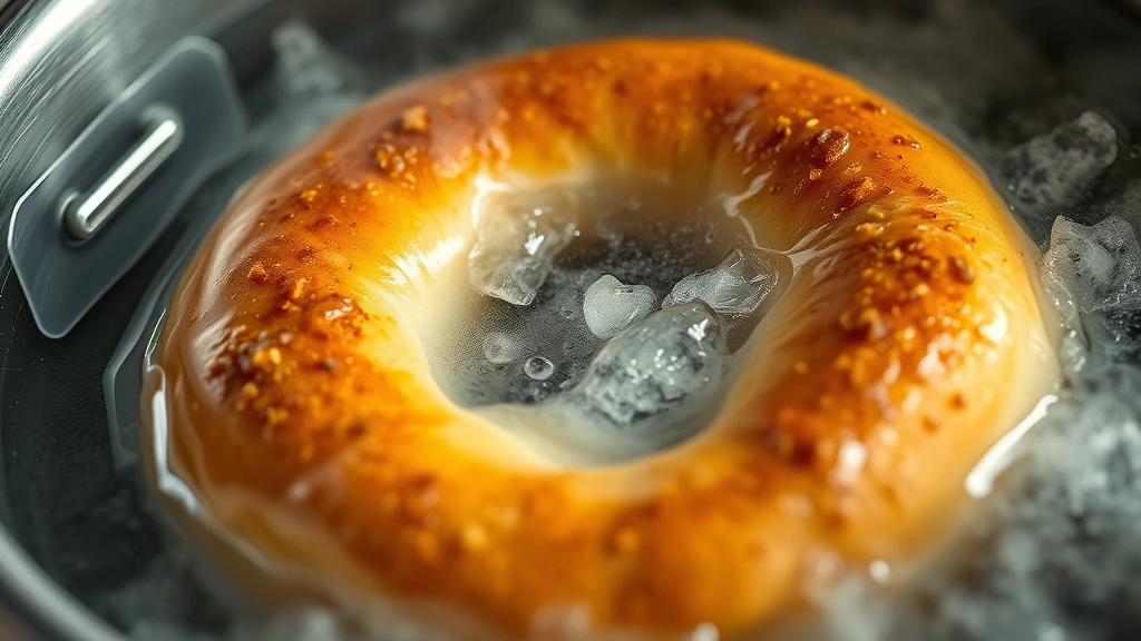 detail: close-up of boiling bagel in pot of water with steam rising, photorealistic, natural light, no text