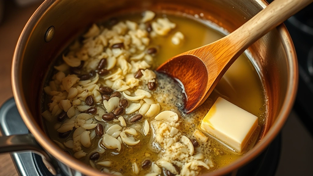process: minced garlic and anchovies melting into butter and olive oil in copper saucepan, wooden spoon stirring, close-up of dissolution, warm kitchen lighting
