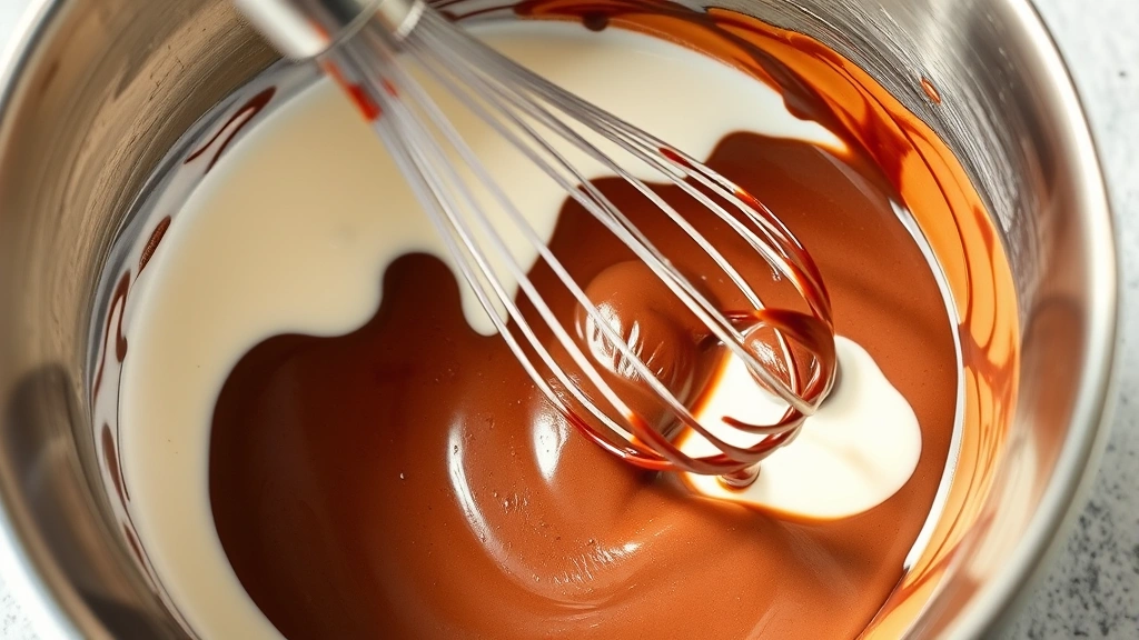 process: whisking melted chocolate with Baileys and cream in a stainless steel bowl, photorealistic, bright natural light from above, no text