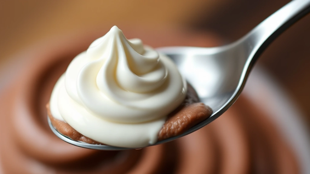 detail: close-up spoonful of creamy chocolate mousse with whipped cream dollop, photorealistic, shallow depth of field, warm lighting, no text