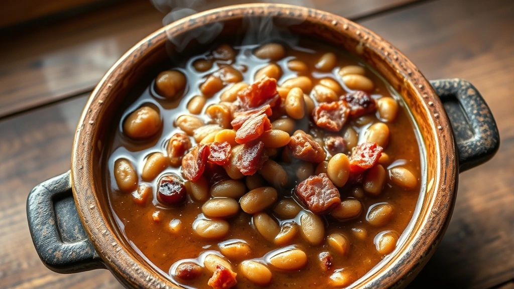 hero: rustic bowl of homemade baked beans with bacon pieces visible, molasses-brown sauce, steam rising, wooden table background, natural window light, overhead shot