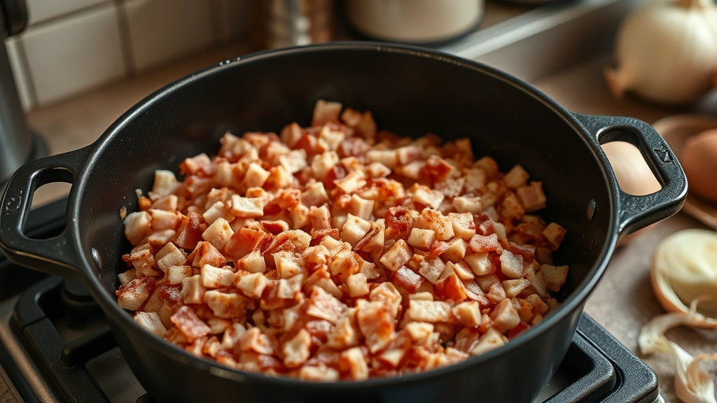 process: chopped bacon cooking in cast iron Dutch oven, golden brown and crispy, onions nearby, warm kitchen lighting, close-medium shot