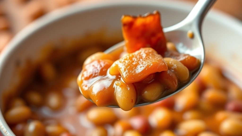 detail: close-up spoonful of baked beans with sauce clinging to beans, single bacon piece visible, shallow depth of field, warm natural light from side