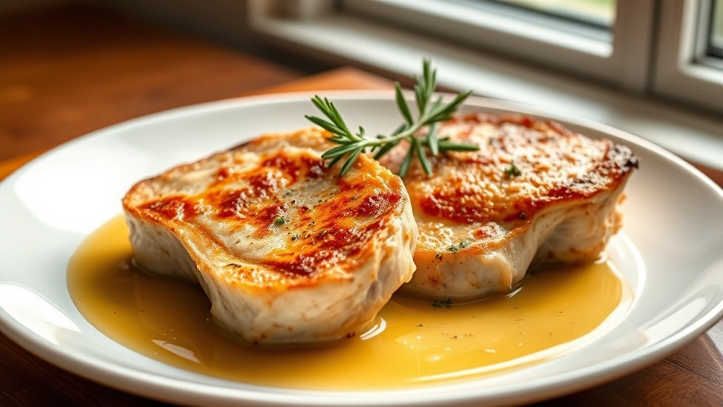 hero: perfectly baked boneless pork chops on a white plate, golden-brown crust, fresh rosemary and thyme garnish, creamy pan sauce, natural window light, warm and inviting
