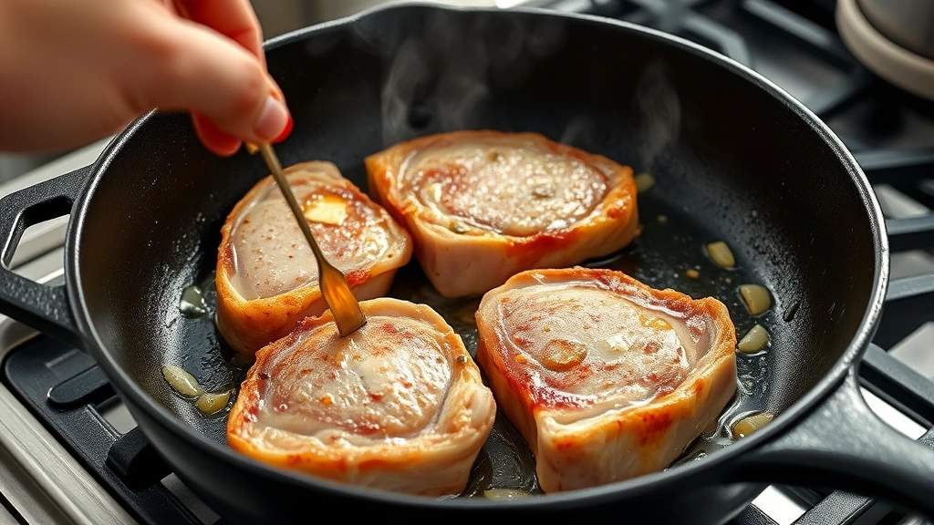process: hand searing boneless pork chops in cast iron skillet with sizzle, golden crust forming, garlic and butter visible, steam rising, professional kitchen lighting