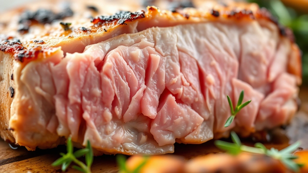 detail: close-up cross-section of perfectly cooked boneless pork chop showing juicy pink interior with golden-brown exterior crust, fresh herbs, shallow depth of field
