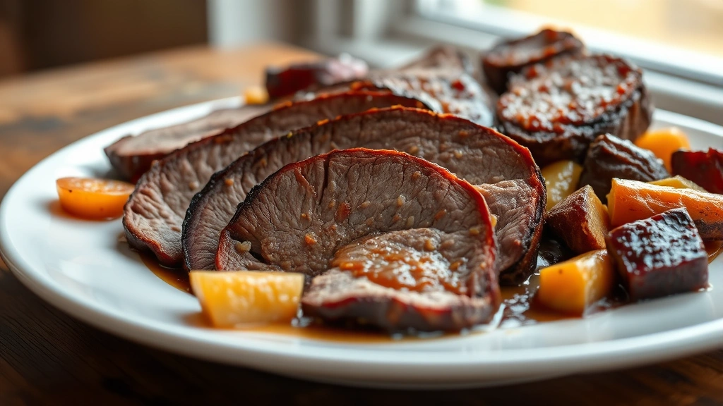 hero: perfectly sliced baked brisket with caramelized exterior on white plate with roasted vegetables and glossy braising sauce, photorealistic, warm natural window light, no text, shallow depth of field