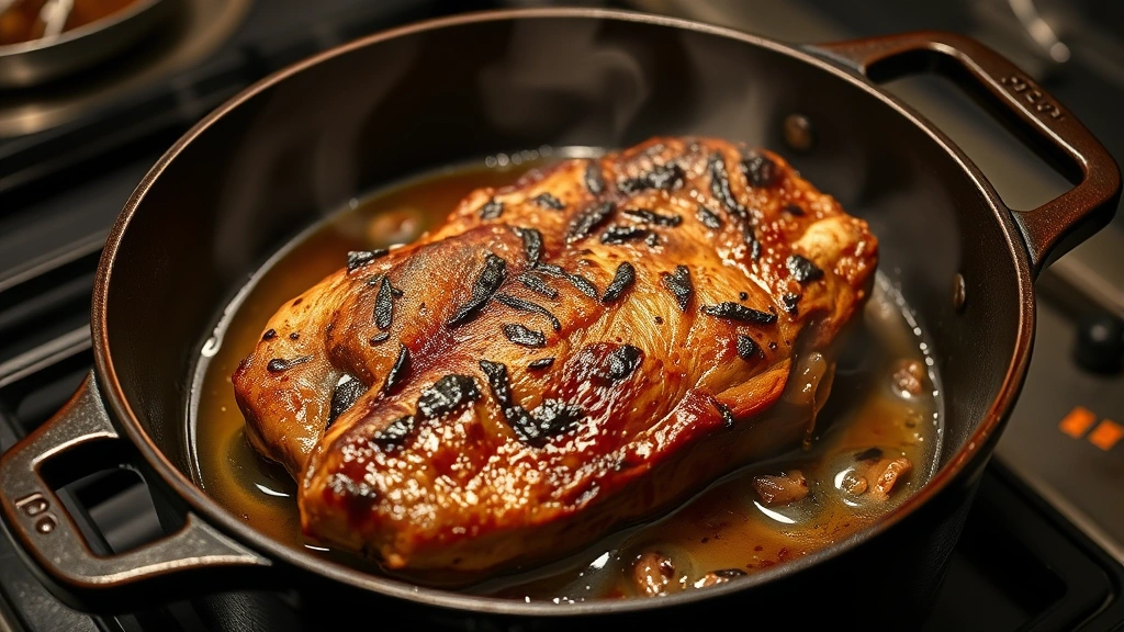 process: searing brisket in hot Dutch oven with oil splashing, golden brown crust forming, cast iron pot, photorealistic, kitchen lighting, no text