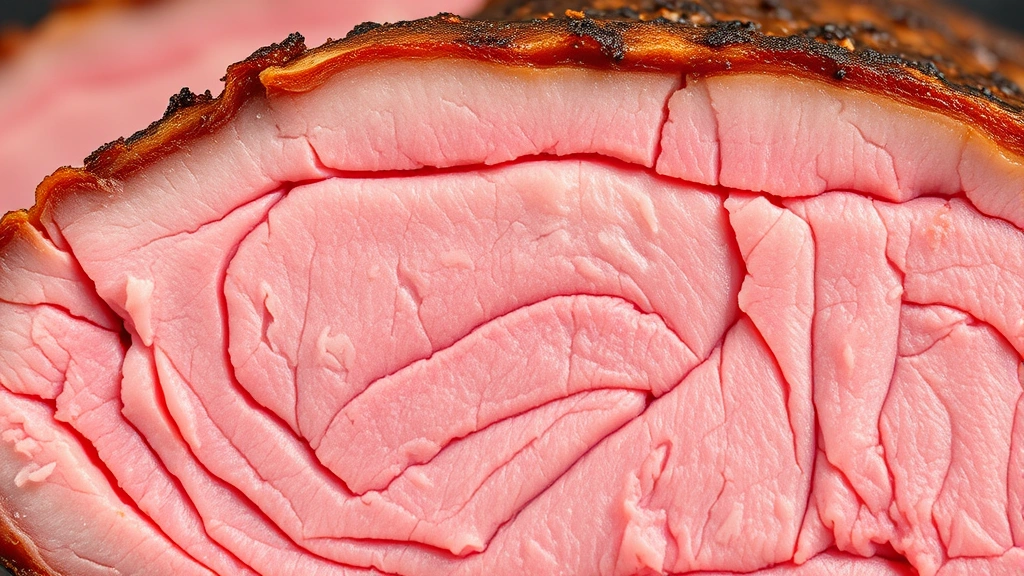 detail: close-up cross-section of sliced brisket showing tender pink interior with beautiful grain structure and caramelized brown exterior crust, photorealistic, macro photography, natural diffused light, no text