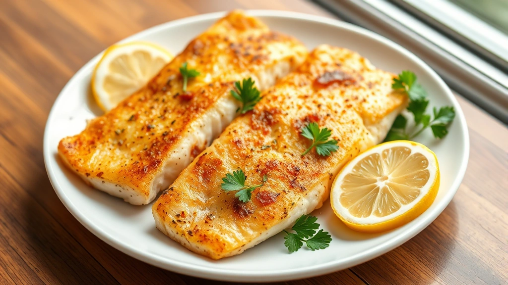 hero: golden-brown baked catfish fillets on white plate with lemon wedges and fresh parsley, photorealistic, natural window light, top-down angle, no text