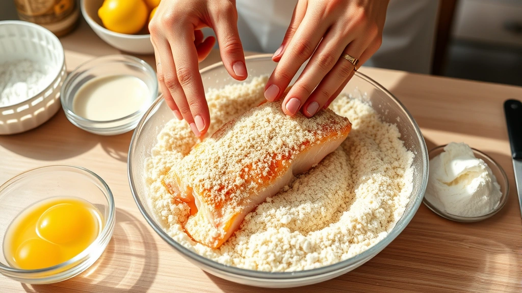 process: hands breading catfish fillet in panko mixture at kitchen counter with eggs and flour bowls visible, photorealistic, bright natural light, no text