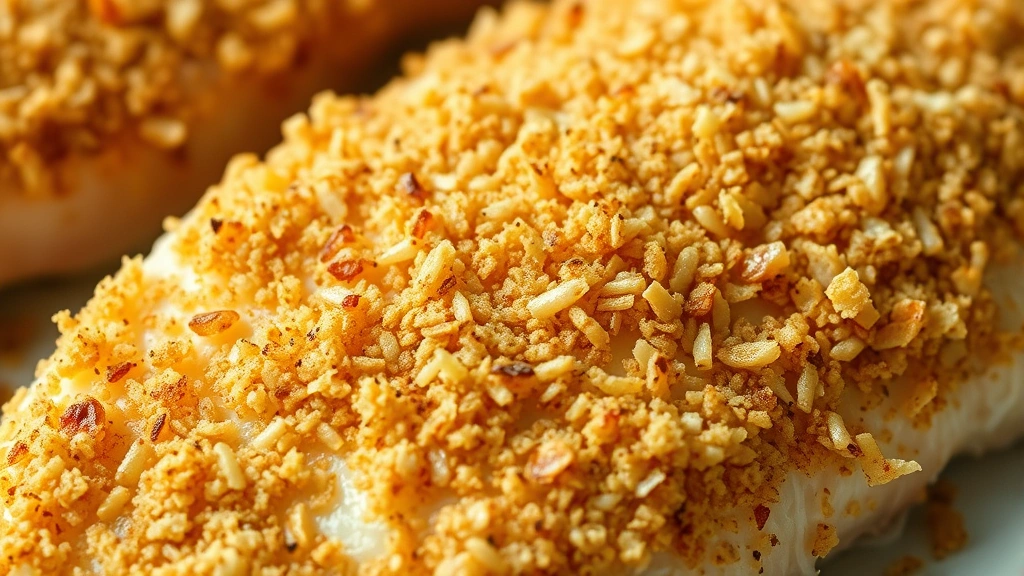 detail: close-up of crispy golden panko coating on baked catfish showing texture and flakes of fish underneath, photorealistic, macro photography, natural light, no text