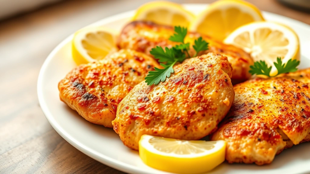 hero: golden brown baked chicken cutlets on white plate with fresh lemon wedges and parsley garnish, photorealistic, natural window light, professional food photography, no text