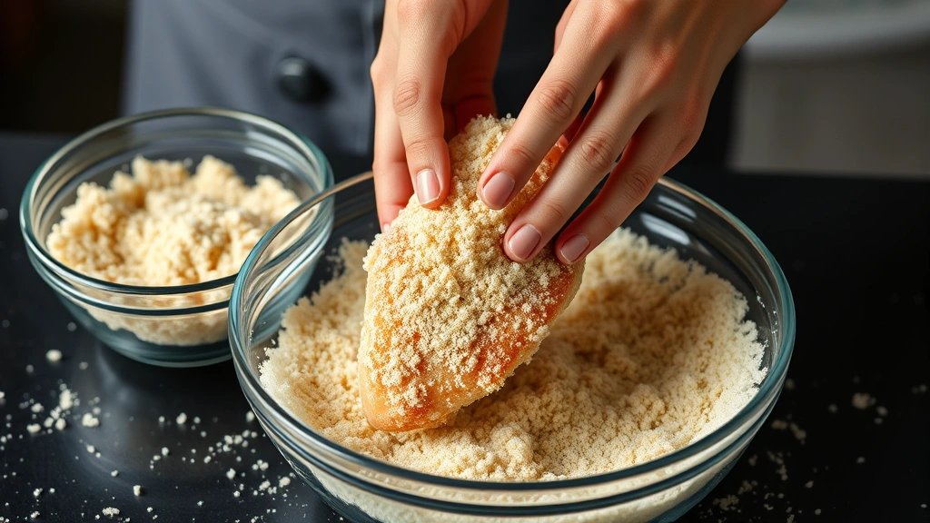 process: hands breading chicken cutlet with panko breadcrumbs in three-bowl breading station setup, photorealistic, natural kitchen light, no text