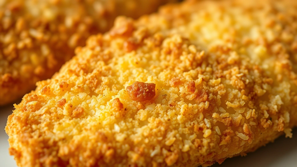 detail: close-up of crispy golden panko-crusted chicken cutlet showing texture and crust detail, photorealistic, shallow depth of field, natural light, no text