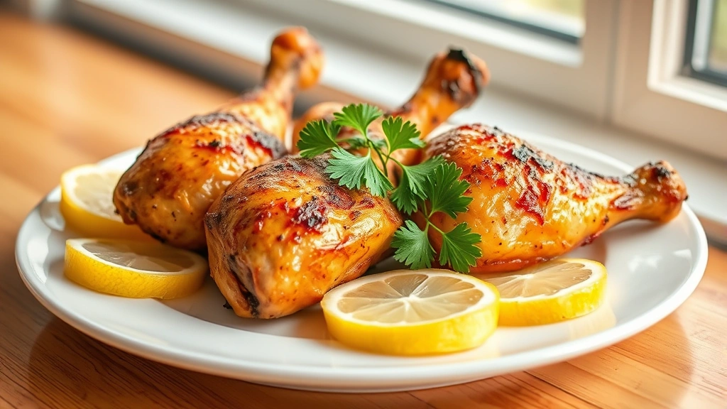 hero: golden brown baked chicken legs on white plate with fresh lemon slices and parsley garnish, crispy skin visible, warm natural window light, no text
