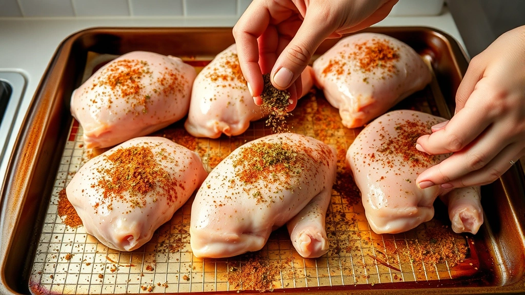 process: raw chicken legs being seasoned with spice mixture on baking sheet, hands sprinkling herbs, bright kitchen lighting, no text