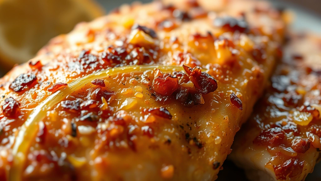 detail: close-up of crispy golden chicken skin with roasted garlic cloves and lemon juice drizzle, shallow depth of field, natural sunlight, no text