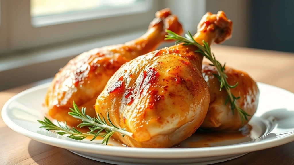 hero: golden brown baked chicken legs on white plate, crispy skin glistening, fresh rosemary garnish, bright natural window light, shallow depth of field, appetizing, no text