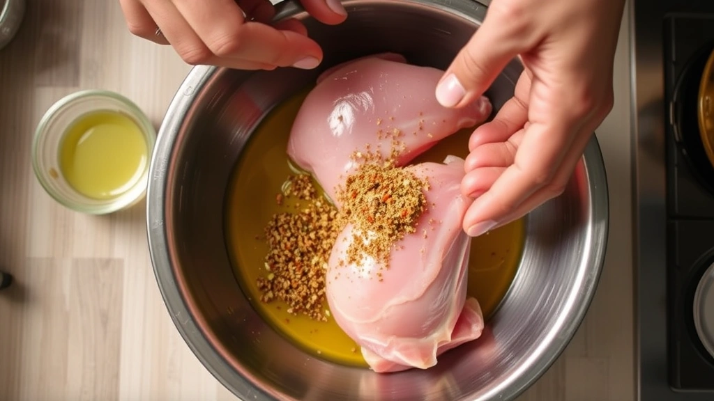 process: hands coating raw chicken legs with olive oil and seasonings in stainless steel bowl, ingredients visible, natural kitchen lighting, action shot, no text