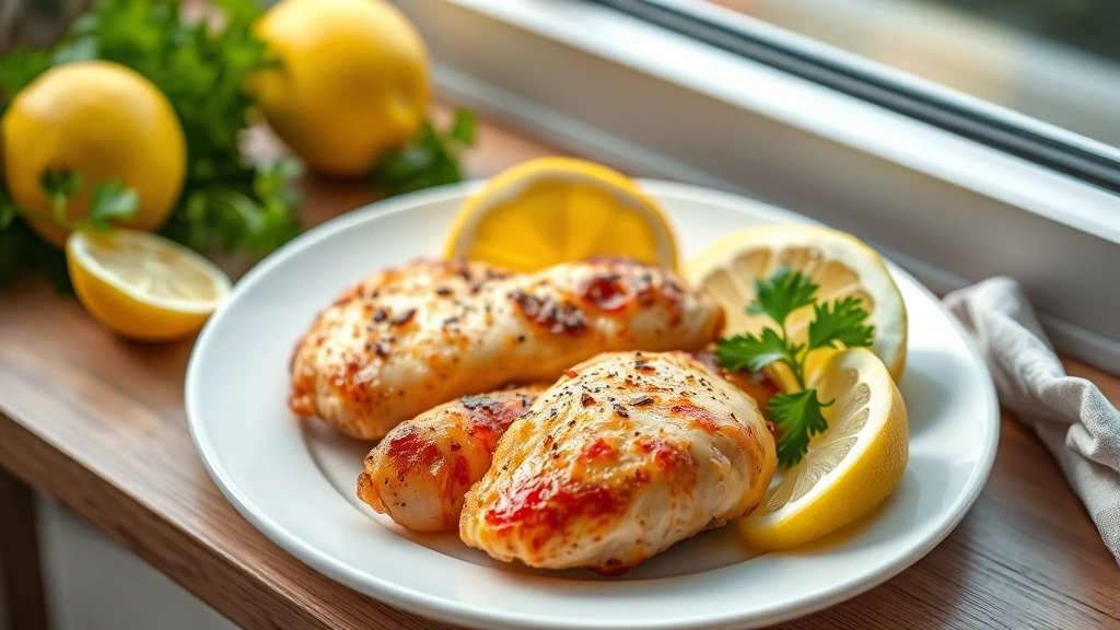 hero: golden baked chicken tenderloins arranged on white ceramic plate, fresh lemon wedges and parsley garnish, natural window light, shallow depth of field, food styling