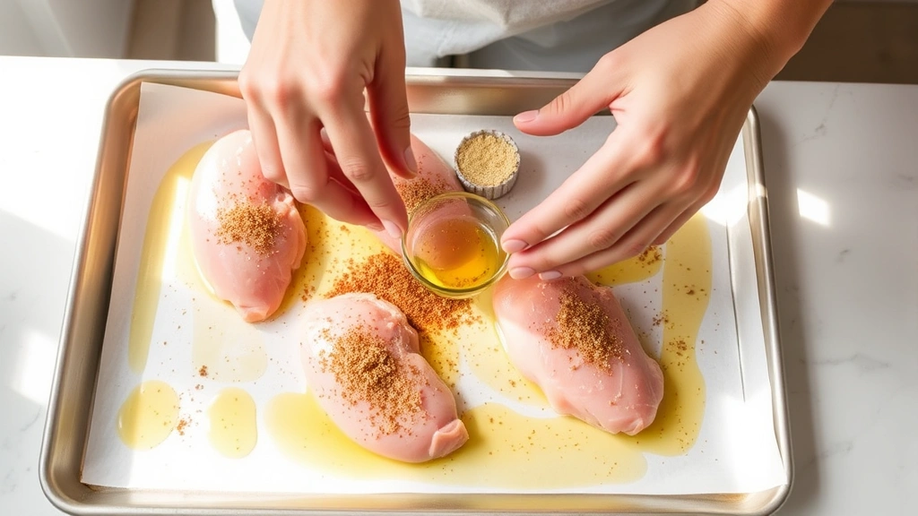 process: hands seasoning raw chicken tenderloins on baking sheet with oil and spice blend, bright kitchen counter, natural daylight, overhead angle