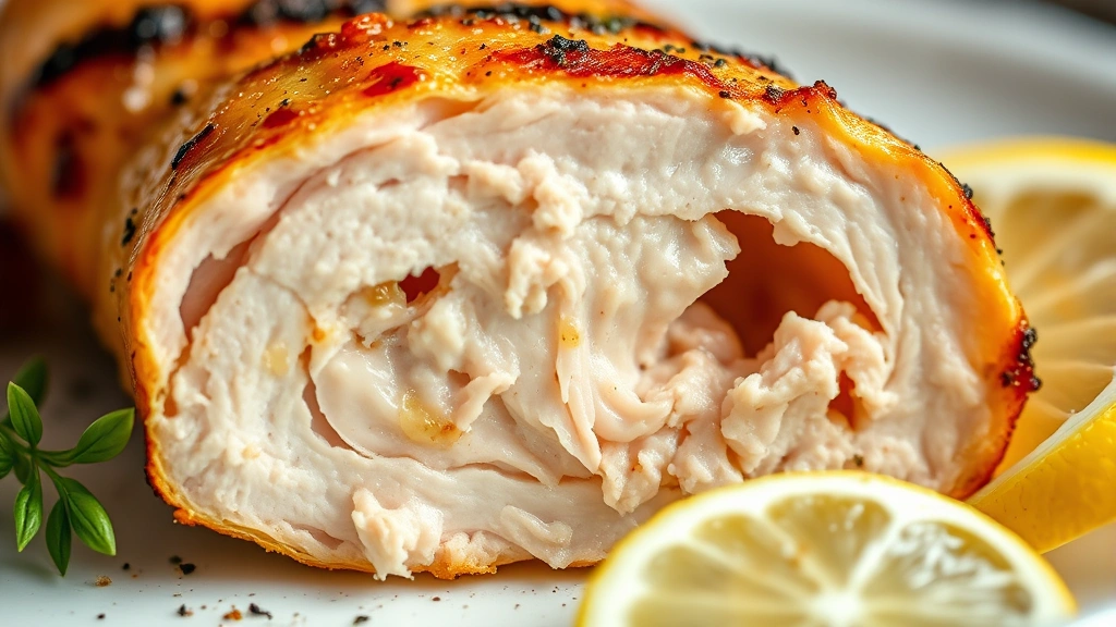 detail: close-up cross-section of cooked chicken tenderloin showing juicy interior and golden brown exterior, steam rising, fresh lemon wedge beside it, macro photography