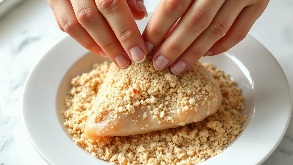 process: hands coating chicken tender in seasoned breadcrumb mixture over white dish, photorealistic, bright natural light, close perspective, no text